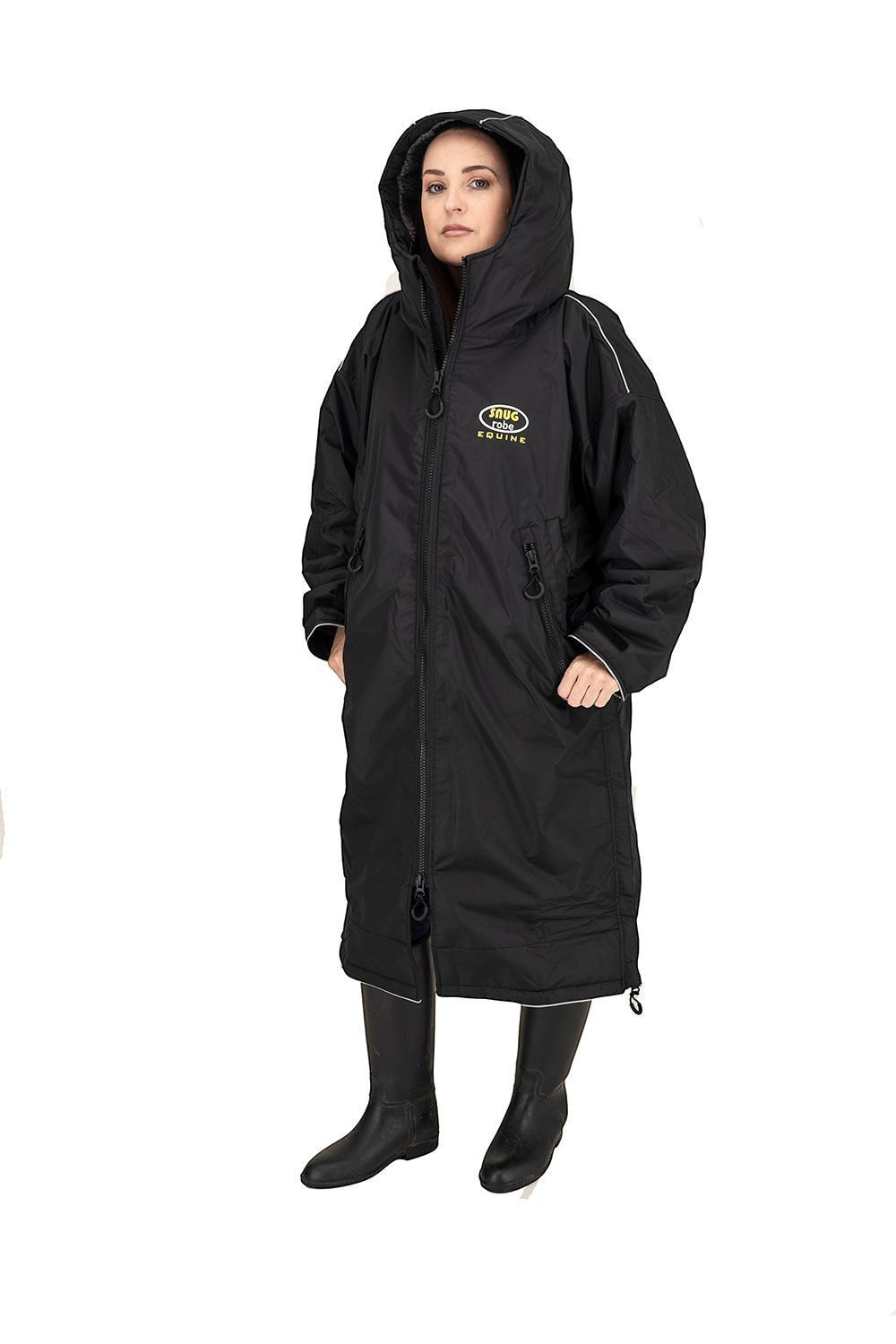 Snugrobes Equine black waterproof fleece-lined robe with hood, reflective piping, and side zips for equestrian use.