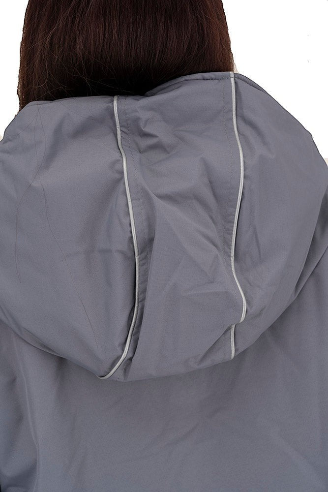 Snugrobes grey waterproof equestrian robe with fleece-lined hood and reflective piping.