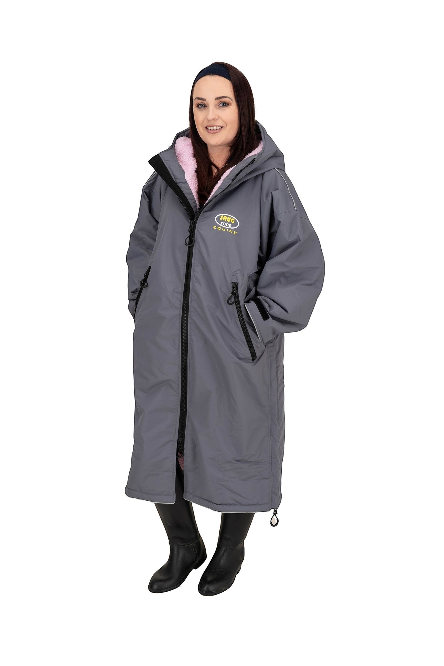 Snugrobes Equine grey waterproof robe with pink fleece lining, featuring a hood, zip pockets, and reflective piping.