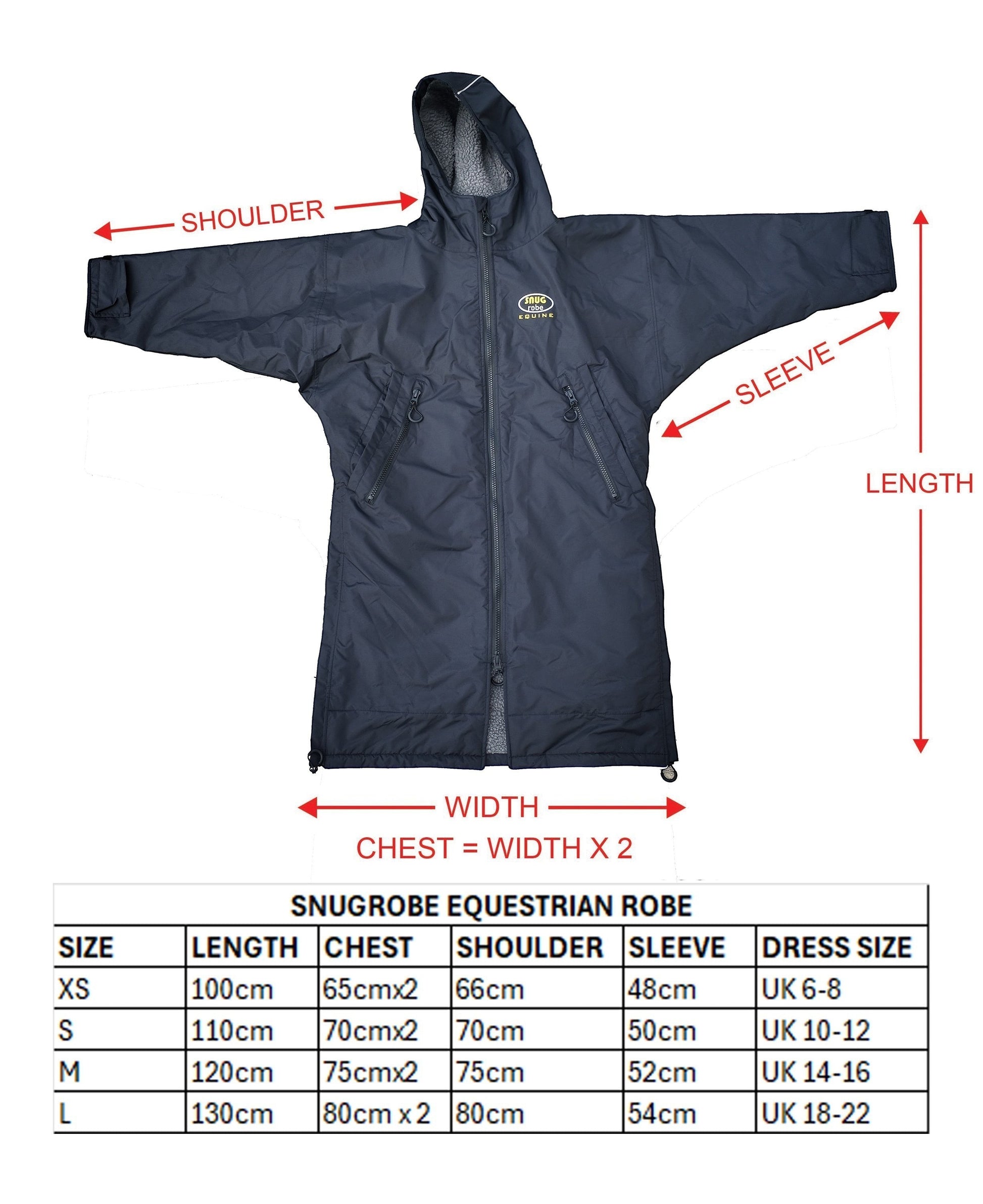 Snugrobes navy blue waterproof equestrian robe with fleece lining, hood, and multiple pockets. Size chart included.